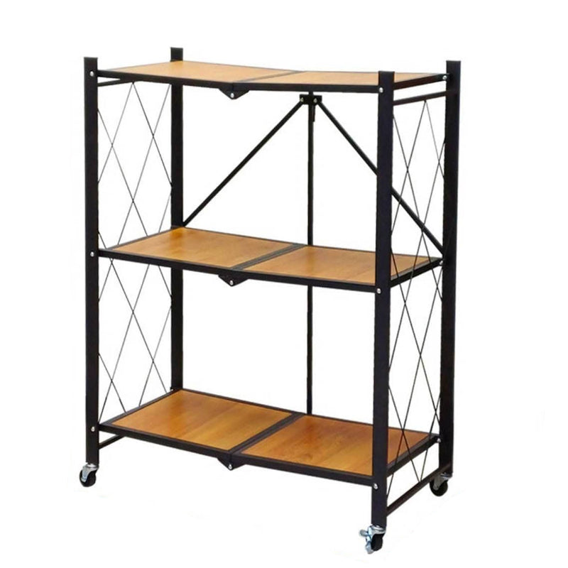 3 Tier Foldable Wooden Storage Shelf With Wheels
