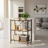 3 Tier Foldable Wooden Storage Shelf With Wheels