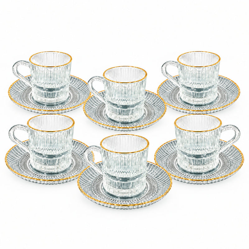 Glass Cup & Saucer Set Gold Rim (Set of 6)