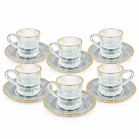 Glass Cup & Saucer Set Gold Rim (Set of 6)