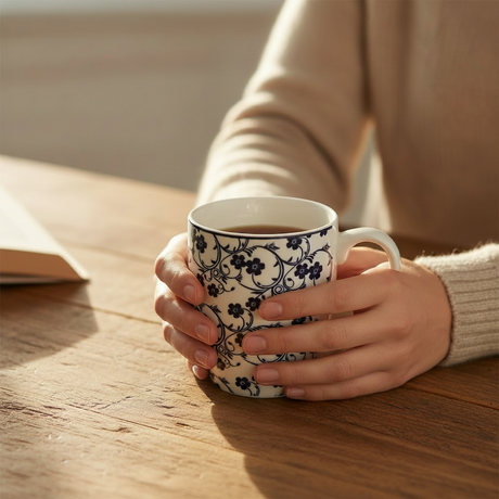 Floral Porcelain Coffee Mug White/Navy 400ml