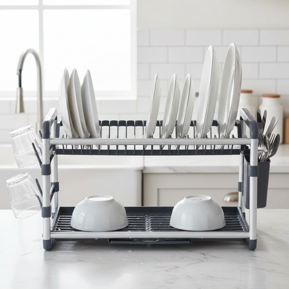 2 Tier Dish Rack Aluminum Gray