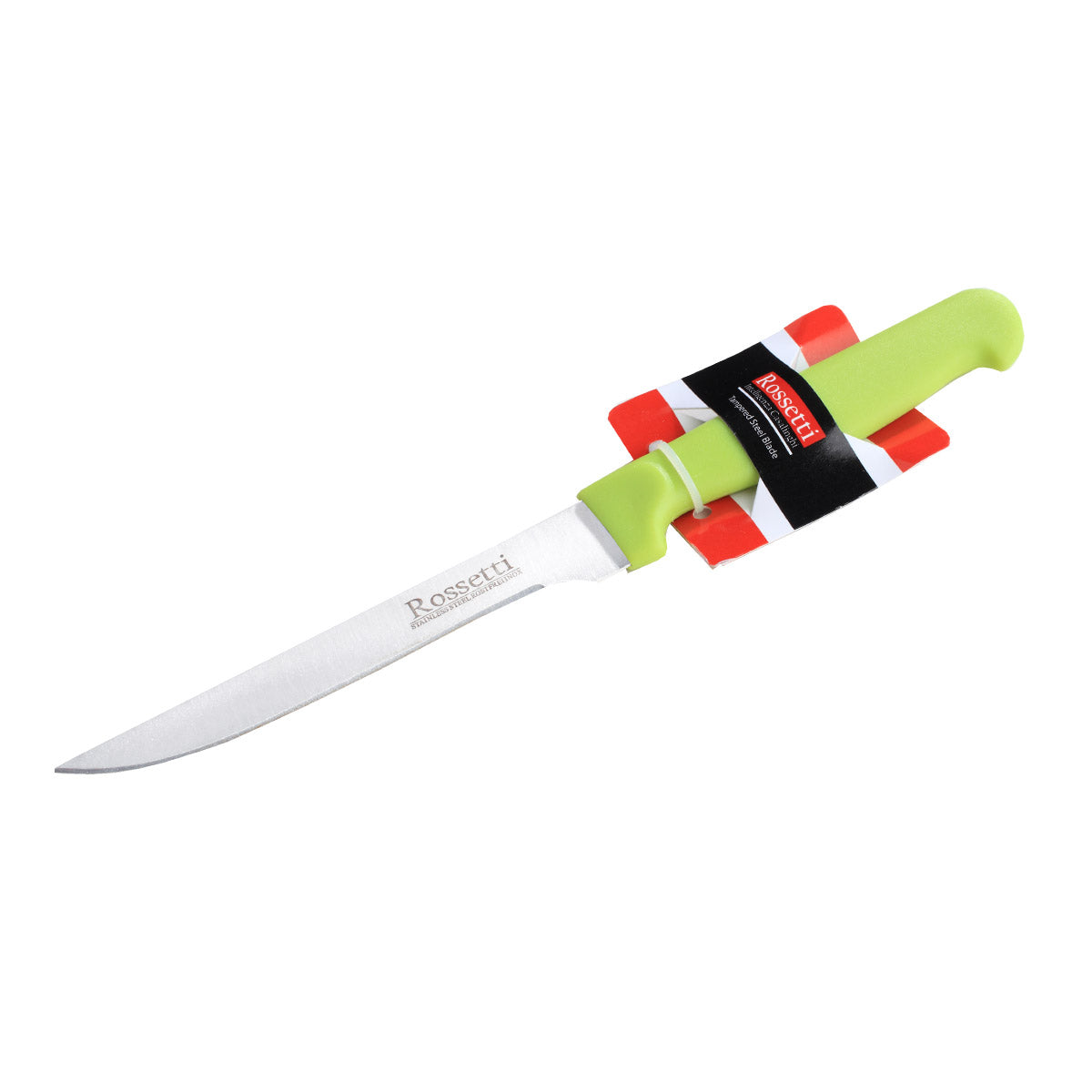Utility knife with white blade, green handle and red end grips
