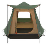 Forest green and tan cabin-style outdoor tent with open front entrance and fly
