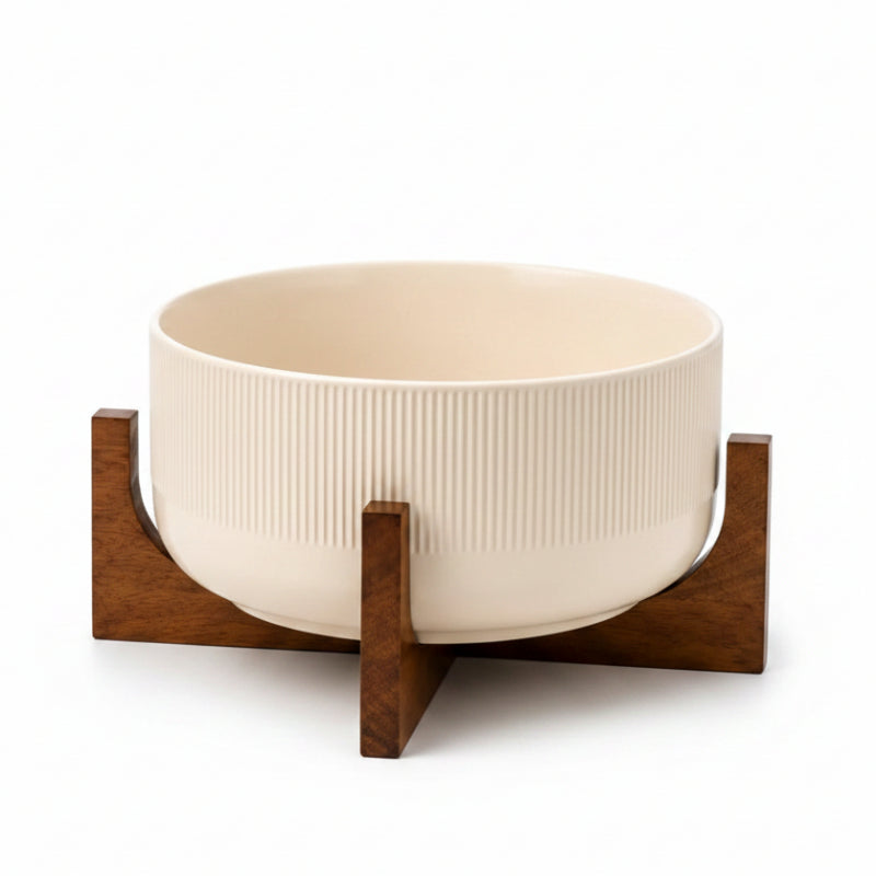 Beige Salad Bowl 2.7L With Wooden Stand