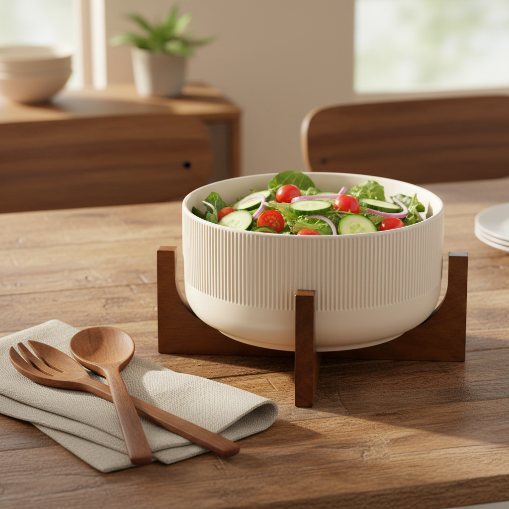 Beige Salad Bowl 2.7L With Wooden Stand