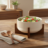 Beige Salad Bowl 2.7L With Wooden Stand