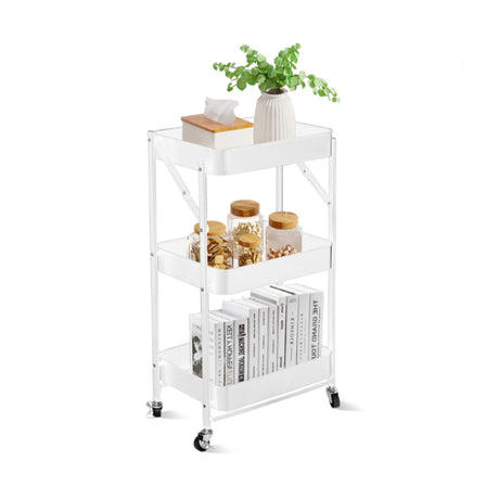 3-Tier Foldable Rolling Storage Trolley Metal White