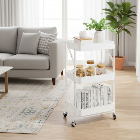3-Tier Foldable Rolling Storage Trolley Metal White