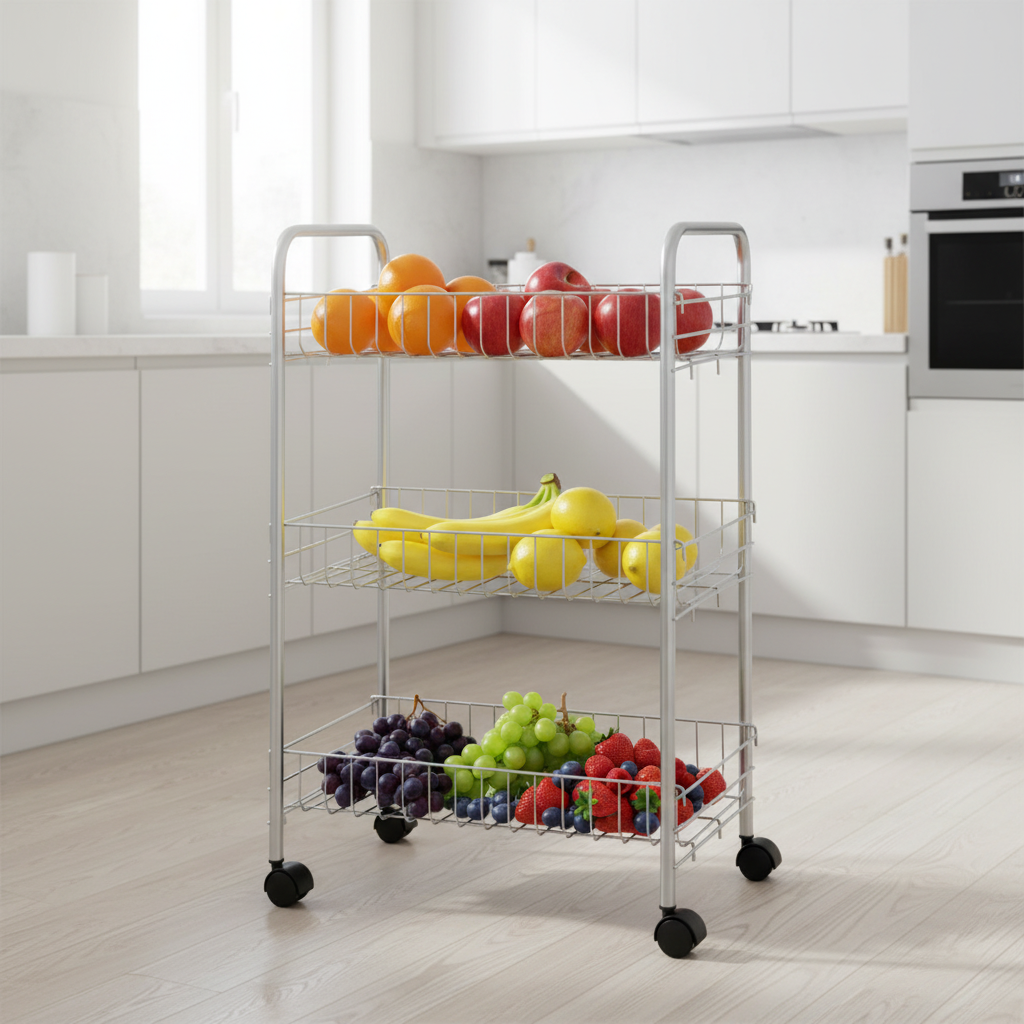 3-Tier Metal Kitchen Storage Trolley With Wheels