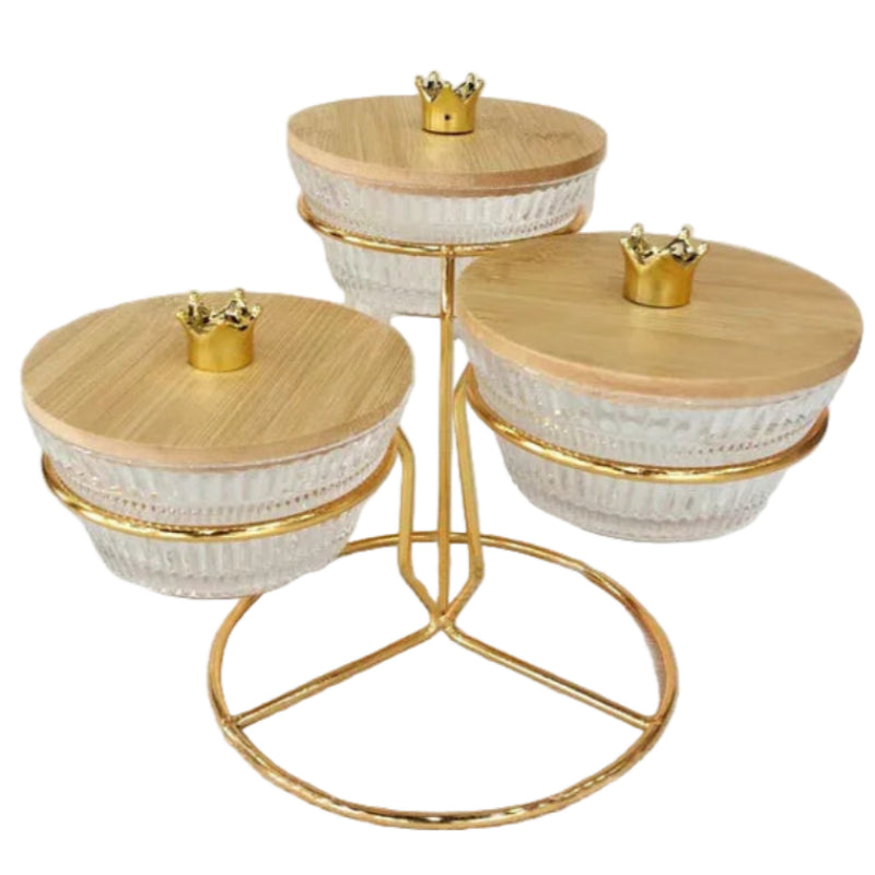 3-Division Dry Fruit Glass Bowls With Golden Stand