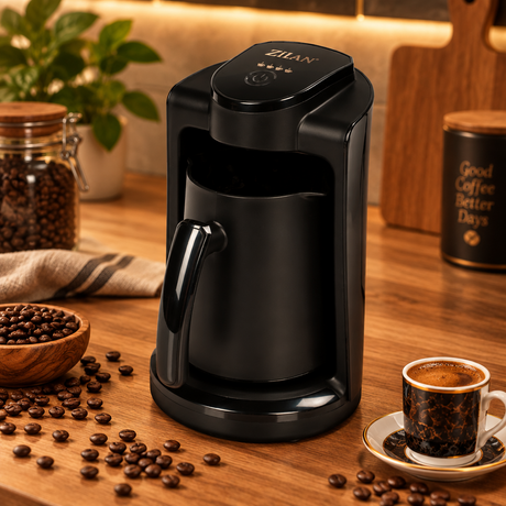 Black electric Turkish-Greek coffee maker with handle and base, lid on top