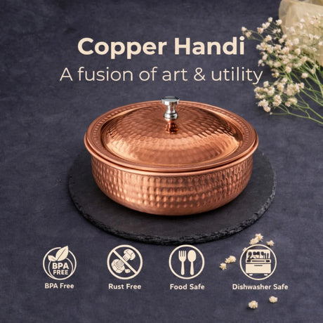 Pure Copper Hammered Handi/Casserole 38cm