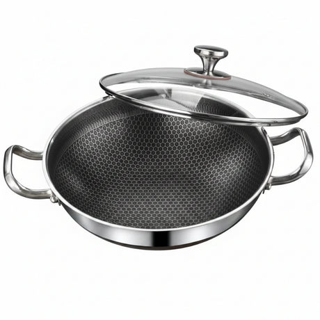 Honey Comb Stainless Steel Wok Pan With Lid 34cm
