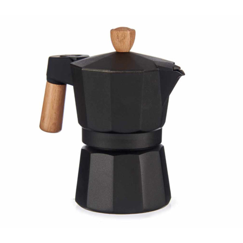 3 Cups Black Aluminium Coffee Maker Wood Handle