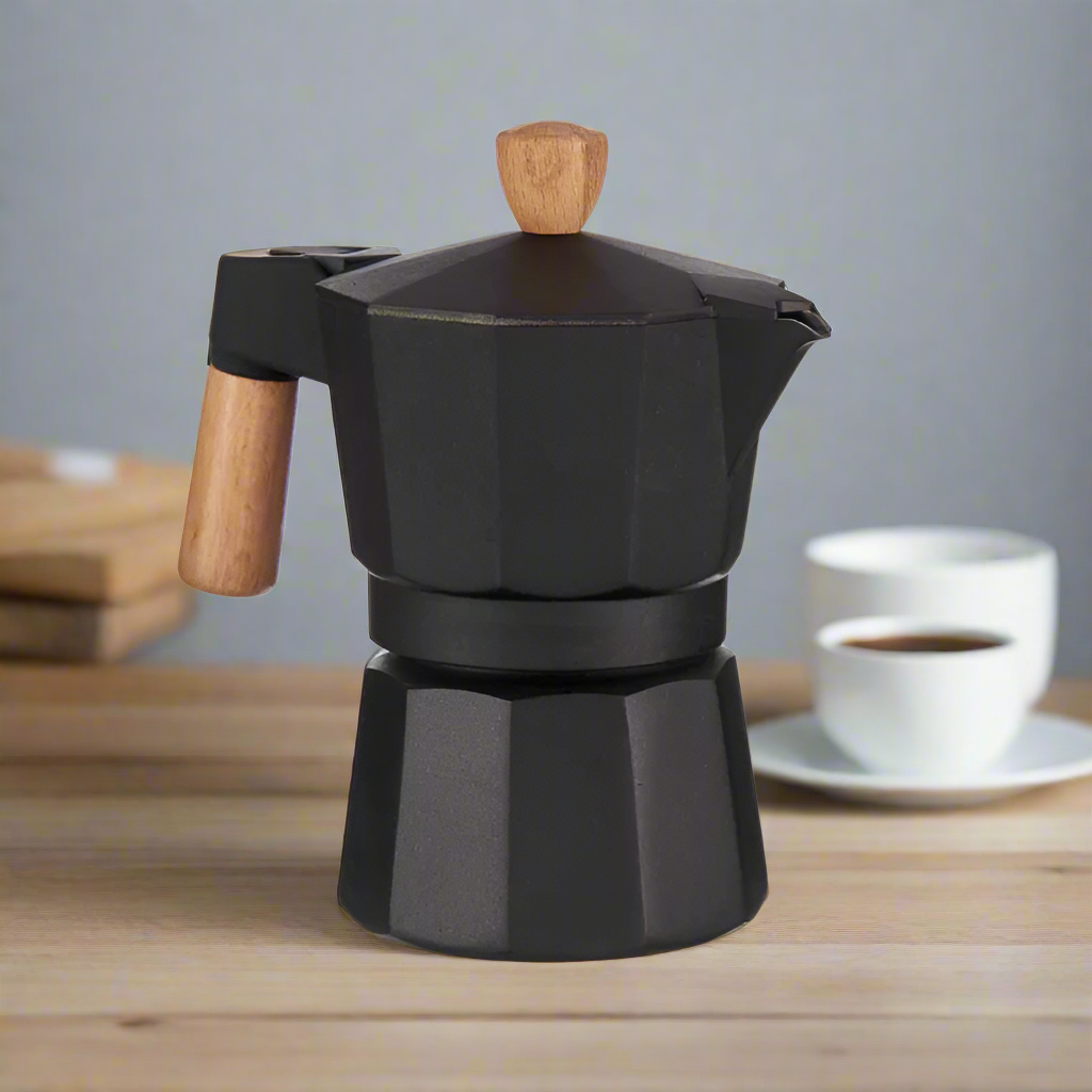 3 Cups Black Aluminium Coffee Maker Wood Handle