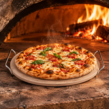 Pizza baking stone with holder, round stone with two metal handles and baked pizza