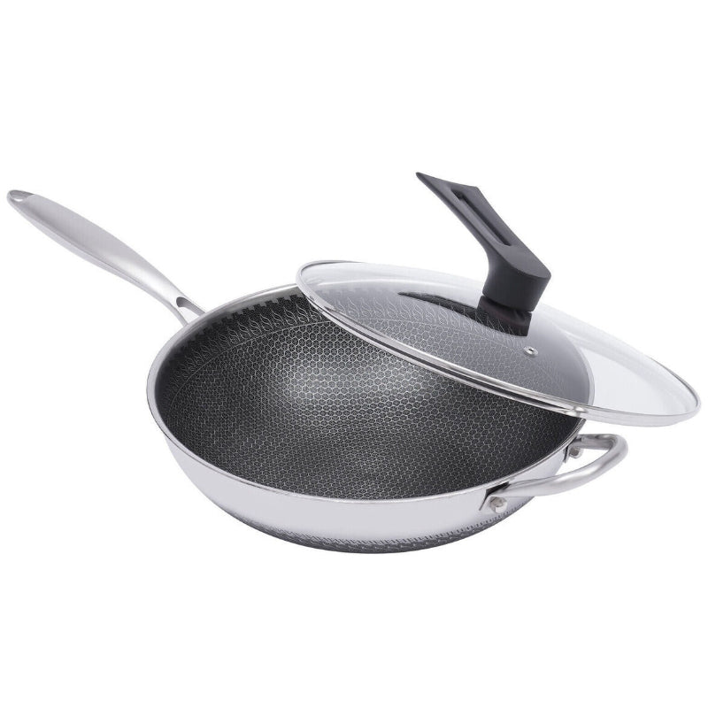 Honey Comb Stainless Steel Wok Pan With Lid 32cm