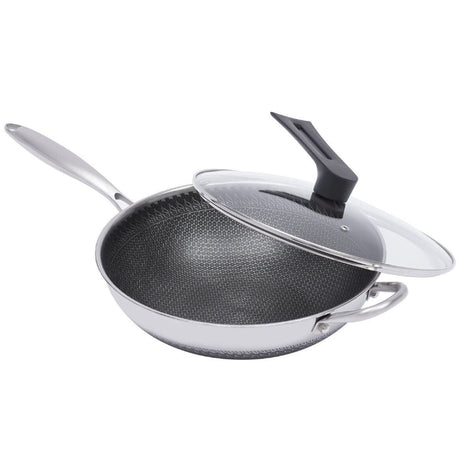 Honey Comb Stainless Steel Wok Pan With Lid 32cm