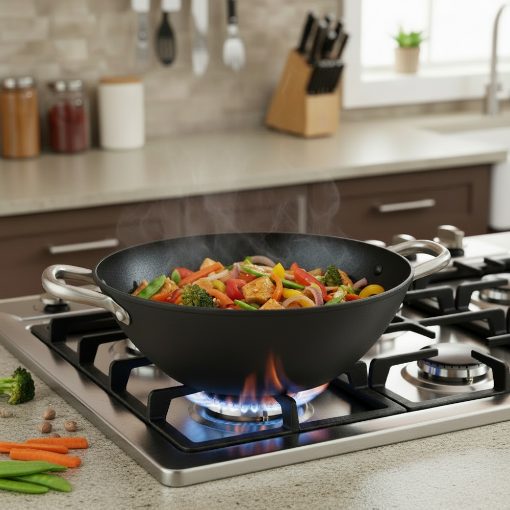 Non Stick Cast Iron Wok With Glass Lid 35.5cm