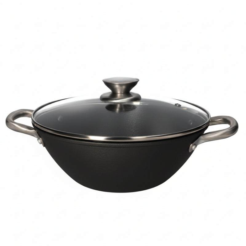 Non Stick Cast Iron Wok With Glass Lid 35.5cm
