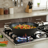Non Stick Cast Iron Wok With Glass Lid 28cm