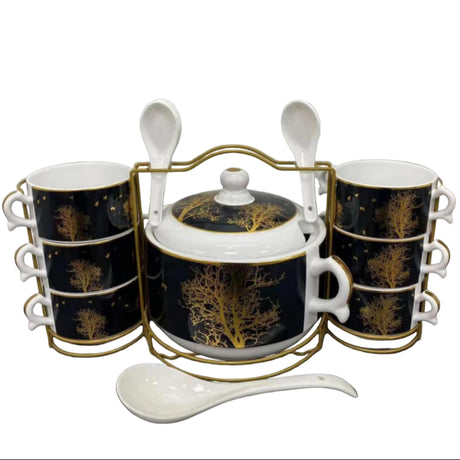 Golden Tree Soup Set With Stand White & Black (Set of 15 Pcs)