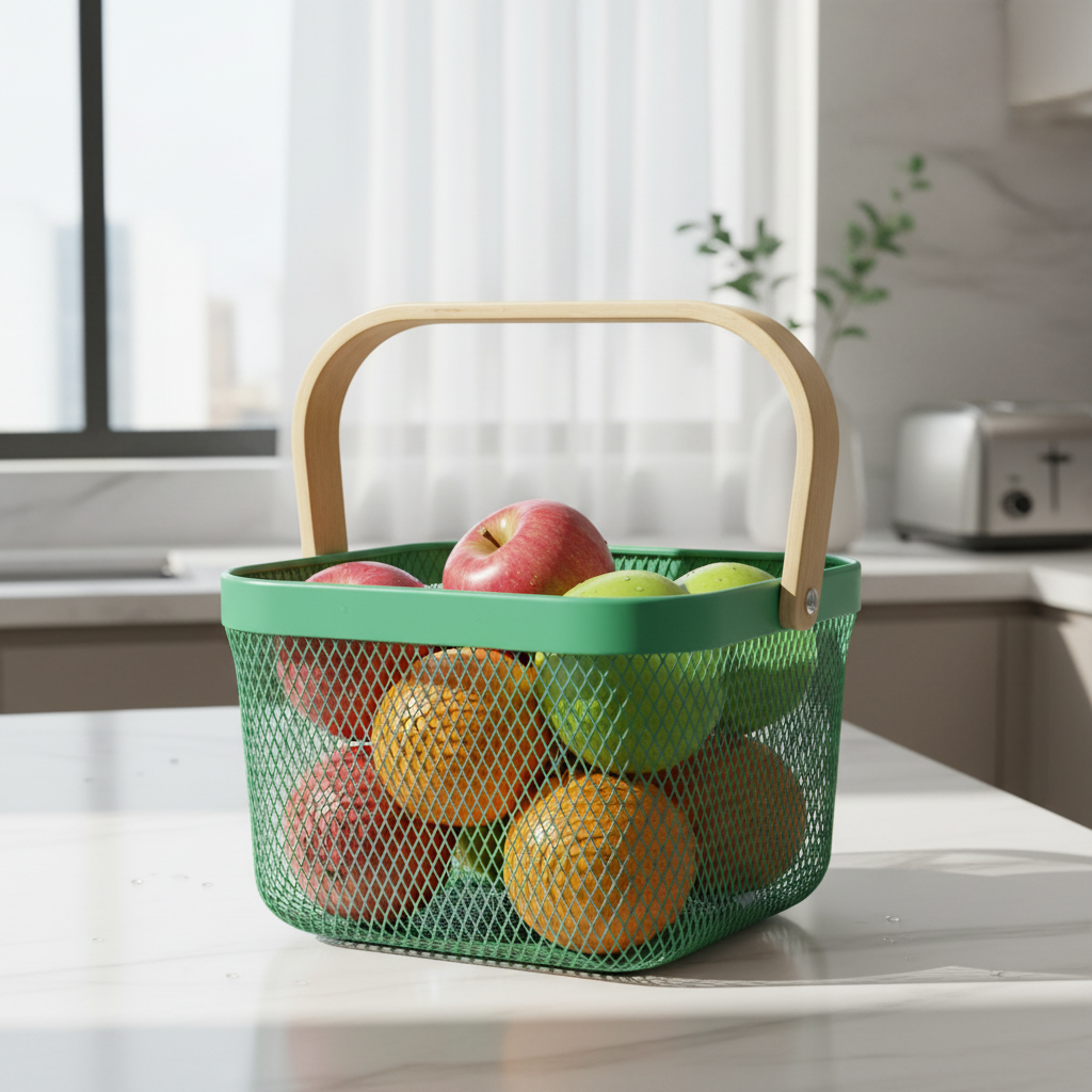 Mesh Stainless Steel Square Storage Basket With Handle Green