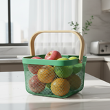 Mesh Stainless Steel Square Storage Basket With Handle Green