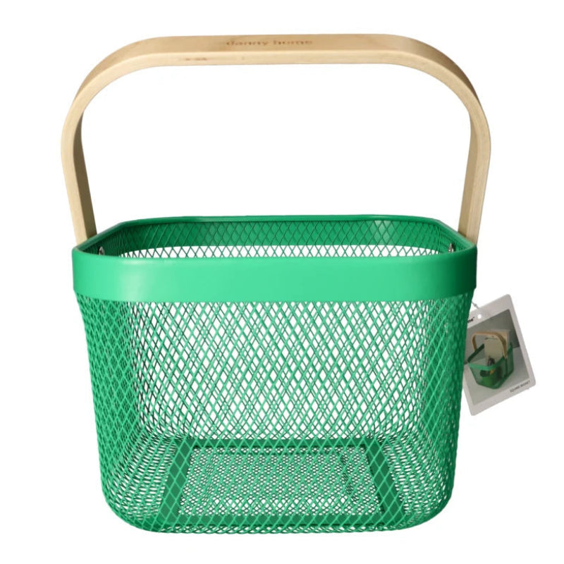 Mesh Stainless Steel Square Storage Basket With Handle Green