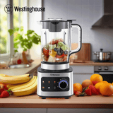 Westinghouse digital table blender with clear jar on silver base, ready to blend fruit