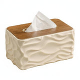 Wavy Textured Tissue Box With Wooden Lid Cream