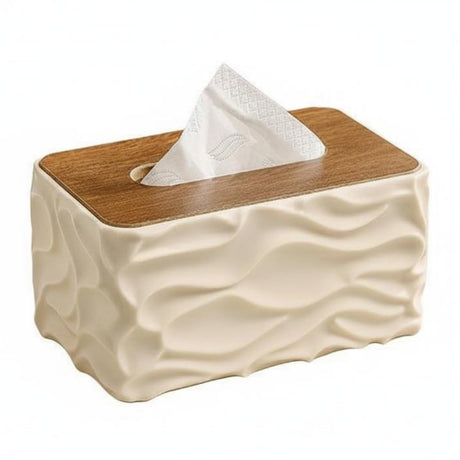 Wavy Textured Tissue Box With Wooden Lid Cream