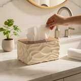 Wavy Textured Tissue Box With Wooden Lid Cream
