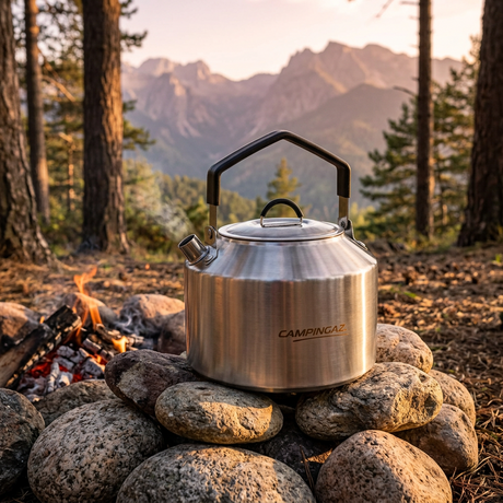 Stainless steel 1.5L camping tea kettle with black handle and spout, CAMPINGAZ logo