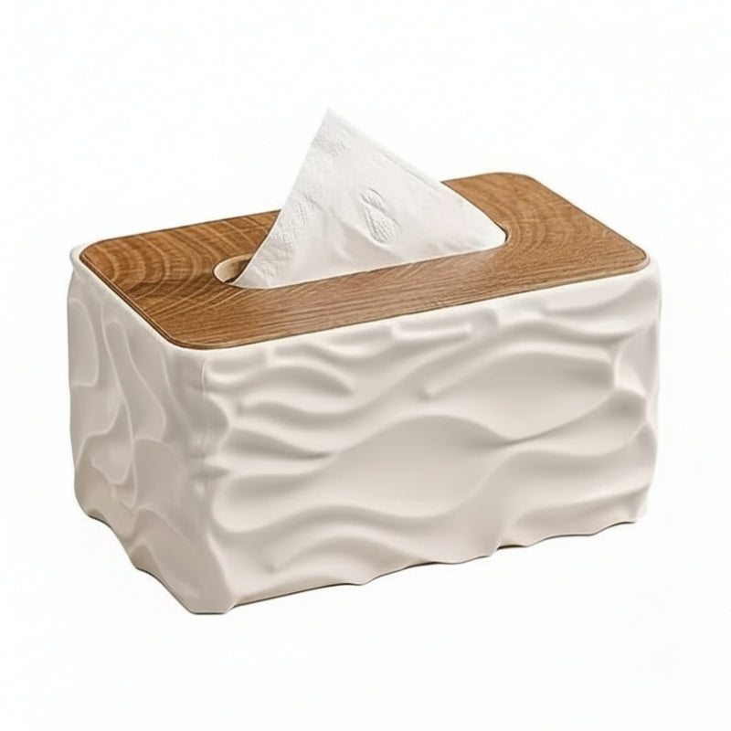Wavy Textured Tissue Box With Wooden Lid White