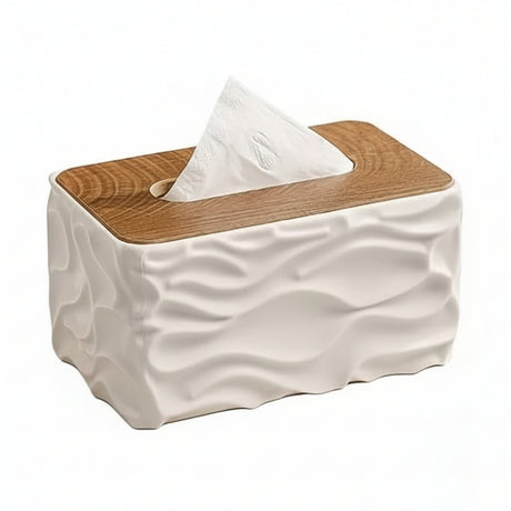 Wavy Textured Tissue Box With Wooden Lid White