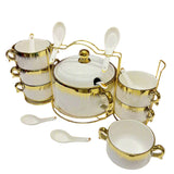 White & Gold Soup Set With Stand (Set of 15 Pcs)