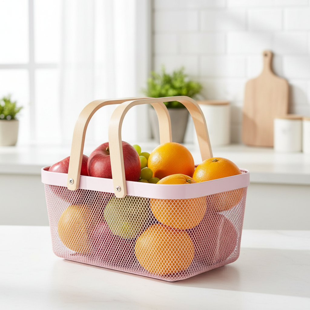 Mesh Stainless Steel Rectangular Storage Basket With Handle Pink