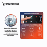 Westinghouse digital table blender with jar and control dial, infographic-style product view