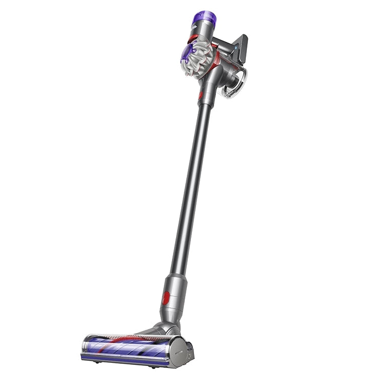 Dyson cordless vacuum cleaner with purple dust canister, suction wand, and floor head