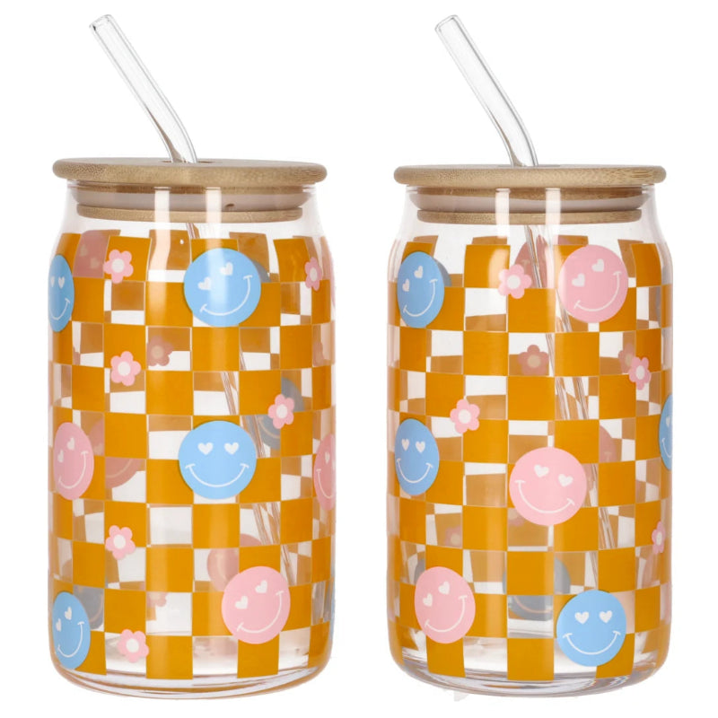 Iced Coffee Glass Mug With Straw 500ml Smiley (Set of 2)