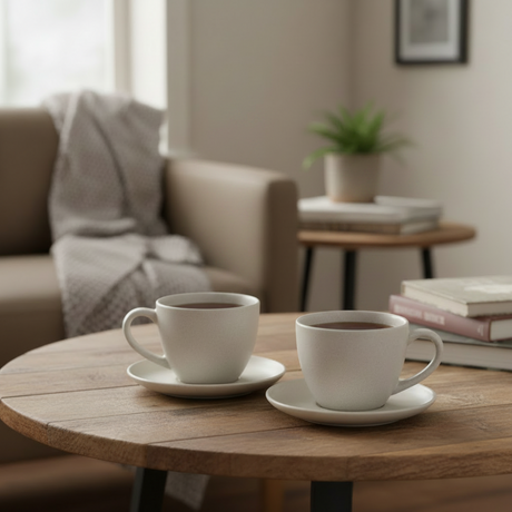 Ceramic Cup & Saucer White/Grey (Set of 6)