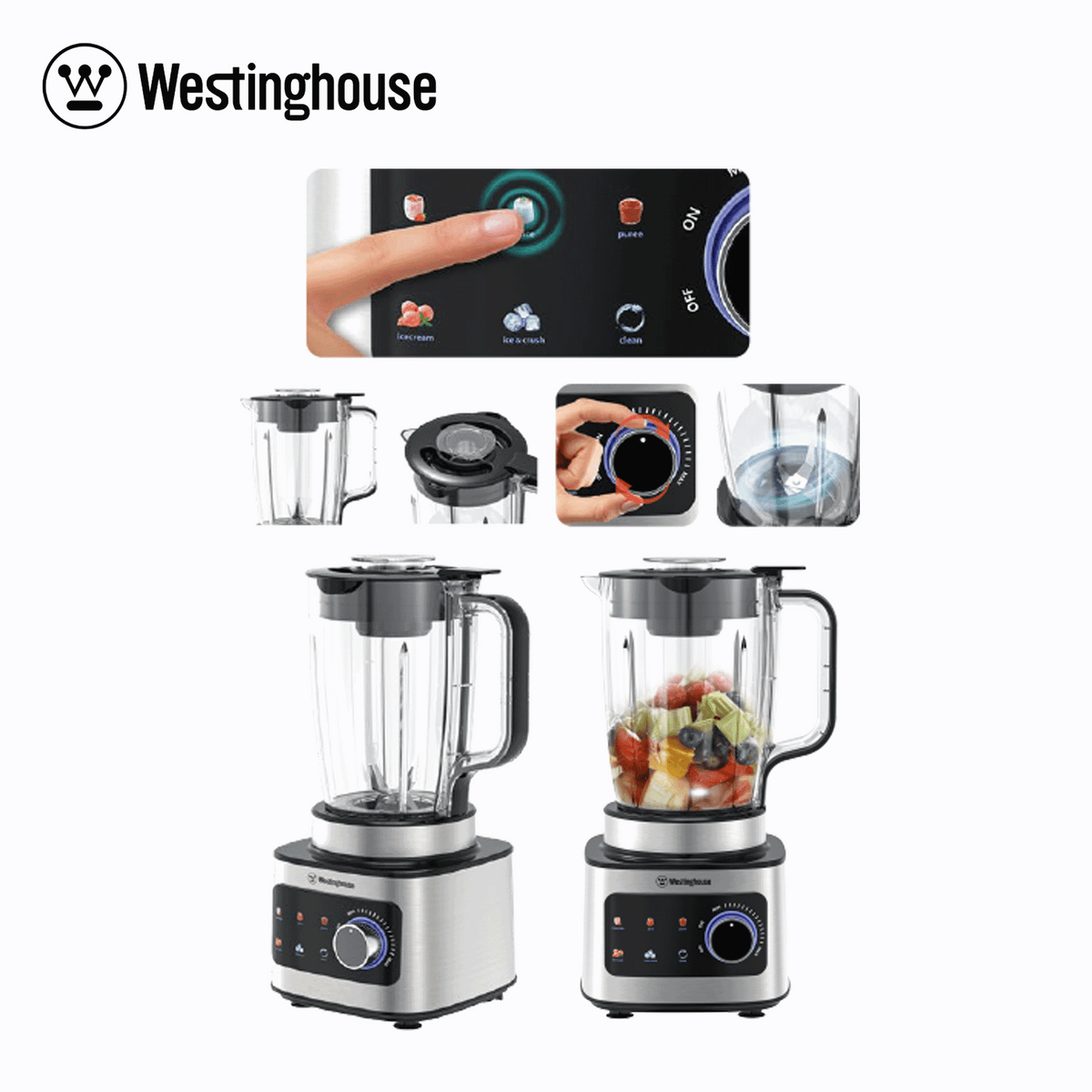 Westinghouse digital table blender with glass jar and silver base, shown with accessories