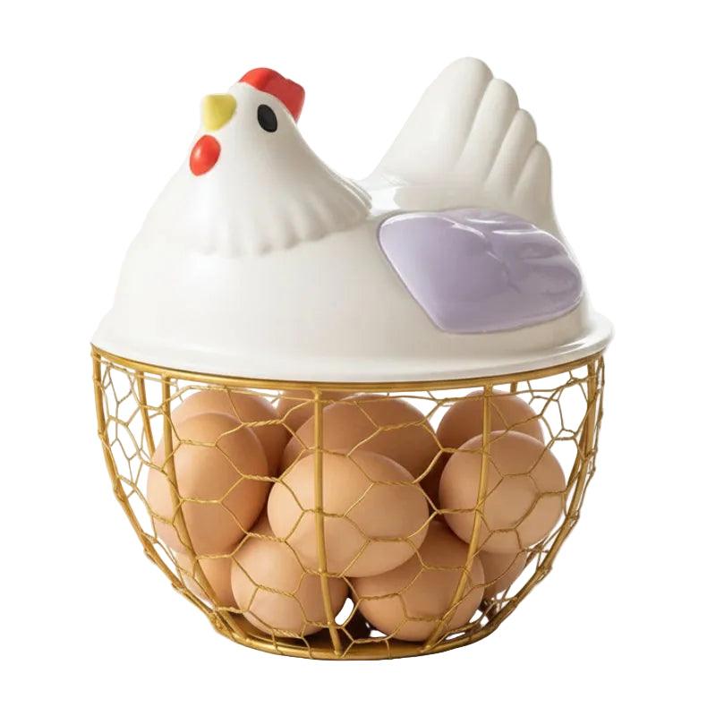 Egg Basket White Hen Metal/Plastic
