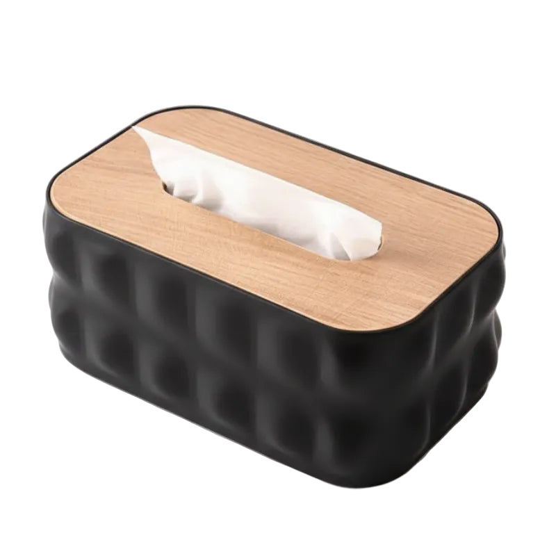 Bubble Textured Tissue Box With Wooden Lid Black