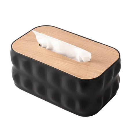 Black bubble-textured tissue box with wooden lid and tissue opening