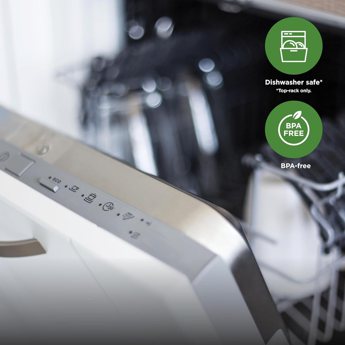 Juicer control panel with buttons and icons, showing dishwasher-safe and BPA-free labels