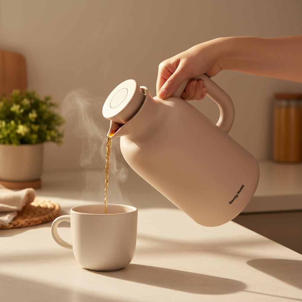 Double Wall Glass Vacuum Flask 1L Beige