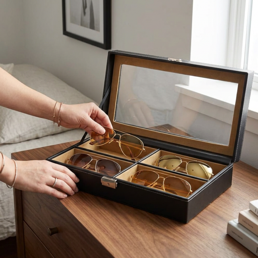 PU Leather 4-Compartment Sunglasses Box